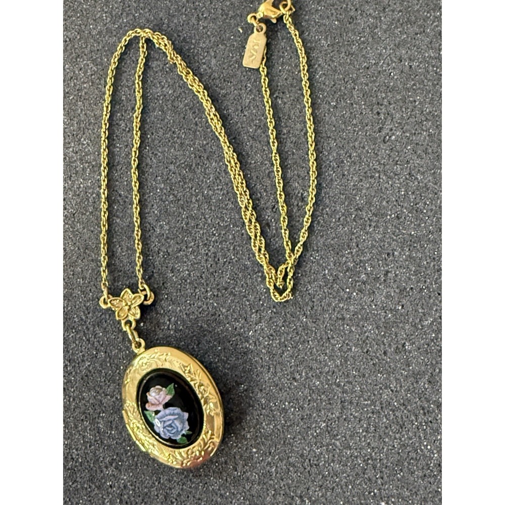 Vintage 1928 Gold Locket Blue Rose Cameo Flower Pendant Necklace 18" - Picture 14 of 16